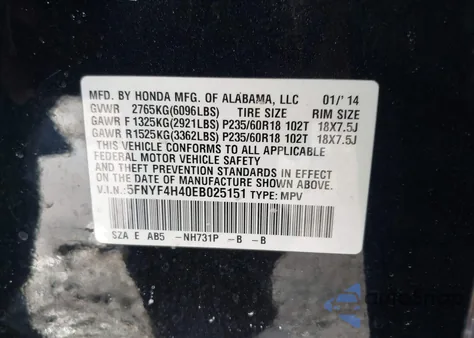 2014 Honda Pilot Ex z USA, uszkodzony, nr VIN 5FNYF4H40EB025151